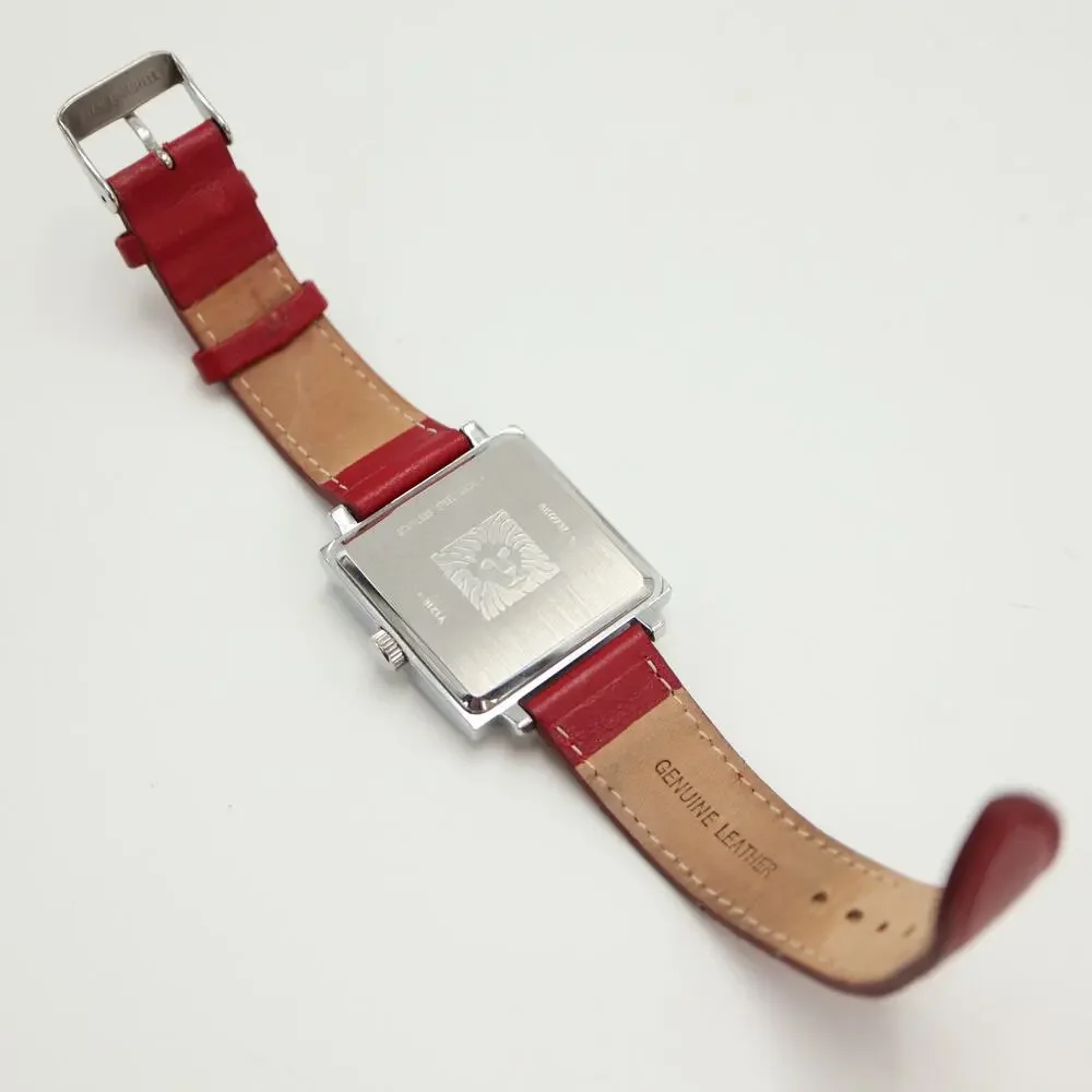 Anne Klein 34mm Square Silver Tone Womens Watch Red Leather Strap w New Battery